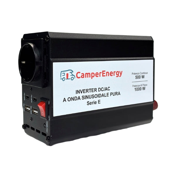 Inverter Onda Pura 500W 12/24V CamperEnergy – Serie E Compatto con USB-C PD e USB-A QC