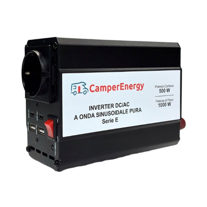 Inverter Onda Pura 500W 12/24V CamperEnergy – Serie E Compatto con USB-C PD e USB-A QC